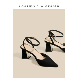 LOSTWILD 敲透气~黑色高级感绒面凉鞋女2023年新款尖头包头高跟鞋