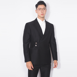 川泽男装黑色西装二件套新款韩版修身侧扣西服套装时尚单西裤子男