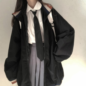 秋冬oversize宽松外套女ins潮BF学院风学生拉链开衫上衣复古风衣