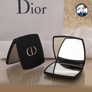 Dior迪奥方形银色化妆小镜子双面口袋镜 黑色磨砂质感便携式放大
