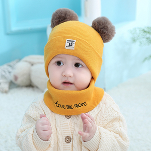 秋冬季婴儿童毛线帽子韩版双球可爱男女宝宝针织夹棉保暖围脖套装