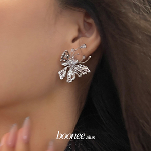 Boonee alus新中式设计感镂空蝴蝶耳钉高级法式轻奢镶嵌锆石耳环