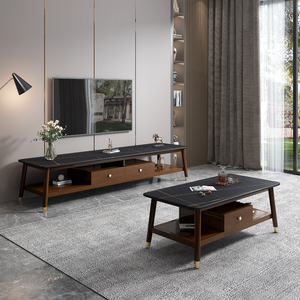 北欧轻奢岩板电视柜茶几组合小户型客厅现代简约实木影视地柜墙柜
