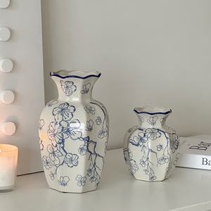 新中式高级感青花瓷复古花瓶陶瓷鲜花插花器客厅玄关装饰品摆件