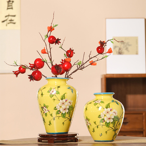 新中式复古陶瓷花瓶家用客厅餐桌鲜花插花干枝器皿装饰黄色摆件