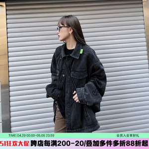 tom潮美式复古潮牌oversize灰黑色牛仔外套女春宽松短款夹克上衣