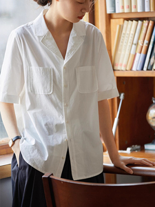 日系文艺古巴领衬衫上衣女夏季薄款通勤气质百搭短袖翻领白色衬衣