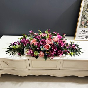 新品整体花艺会议桌假花签到台电视柜婚庆用绢花欧式法国玫瑰台花
