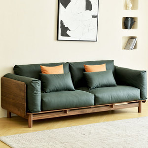 北美纯黑胡桃木沙发实木客厅简约现代家具北欧原木一字新中式沙发