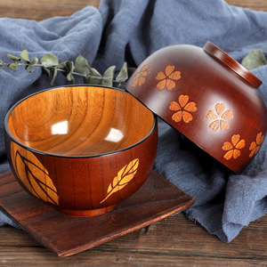 日式卡龙猫木碗儿童木质碗筷勺防烫耐摔环保酸枣木樱花碗旅行餐具