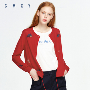 【商场同款】GMXY2019春女装新品圆领绣花开衫羊毛针织衫