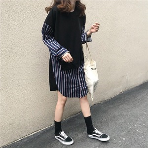 韩国女装春秋季2021新款条纹拼接假两件长袖卫衣裙学生潮黑色长袖