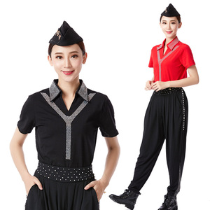 水兵舞服装舞蹈黑色新款上衣红色套装演出服水冰舞跳舞衣男女长袖