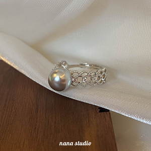 天然淡水珍珠蕾丝戒指女925纯银开口戒食指戒小众设计个性冷淡风