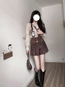 韩系学院风套装女春秋新款棕色系衬衫上衣半身裤子甜辣日系两件套