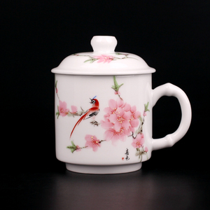 景德镇陶瓷茶杯 喜鹊水点桃花带盖办公杯 家用特色礼品陶瓷水杯子