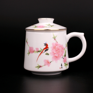 景德镇陶瓷茶杯 带盖过滤茶漏办公杯 茶水分离喜鹊桃花礼品茶杯子