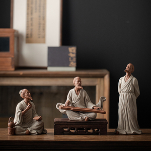 中式禅意历史人物陶瓷摆件茶圣陆羽伯牙觅知音钟子期茶室客厅装饰