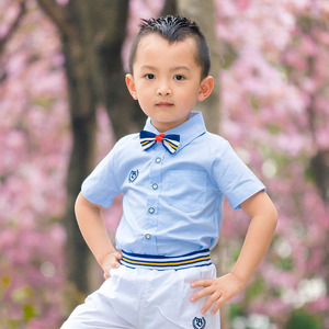 六一儿童表演礼服男童宝宝纯棉短袖套装夏英伦风领结衬衫衣裤两件