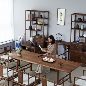 新中式茶桌椅组合黑胡桃实木大板茶艺桌家具老榆木禅意茶室茶台
