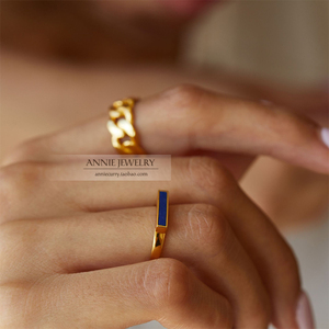 Annie Jewelry高端线 925银镀金 简约凹造型天然青金石一字型戒指