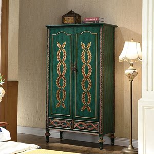 美式实木衣柜家用卧室 孔雀绿单门两门衣橱 欧式储物柜整体大衣柜
