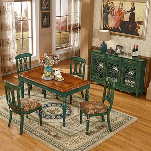 瑞诗欧美式全实木餐桌椅组合家用小户型复古绿餐厅成套家具长方形