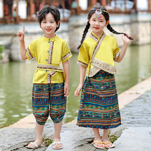 男女童傣族服装套装国庆节表演服复古风云南西双版纳少数民族衣服