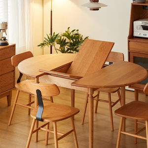 北欧全实木可伸缩餐桌小户型家用折叠圆形桌樱桃木餐厅抽拉饭桌子
