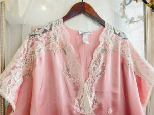 vintage古着桃粉色蕾丝彩色刺绣花朵性感古董睡袍连衣裙