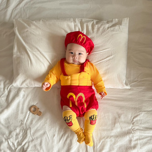 网红麦当劳薯条婴儿服春装套装宝宝连体哈衣服男女搞怪搞笑拍照相