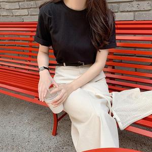 韩国chic夏季简约圆领黑色短袖T恤+气质中长款半身裙套装女送腰带