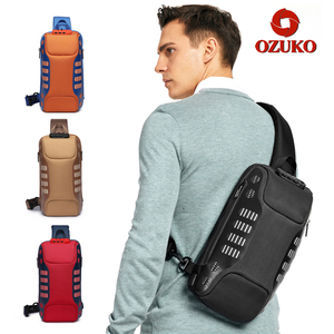OZUKO胸包男女大容量密码锁防盗USB充电休闲单肩包12寸平板斜挎包
