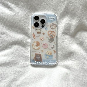 SHERRY*ins风奶油蓝白面包甜甜圈牛奶猫咪双层适用于iphone15promax苹果14小众13手机壳卡通12小清新温柔可爱