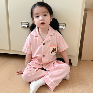 韩国女童睡衣夏季短袖长裤套装薄款女孩夏天纯棉家居服儿童空调服