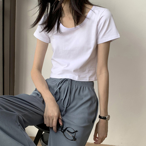 白色露脐短装上衣夏季韩版纯色小众短袖T恤女设计感短款内搭ins潮