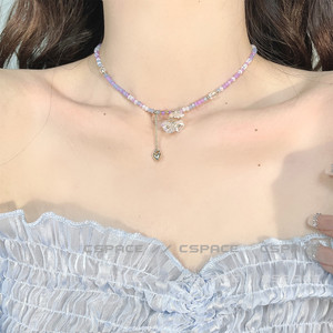 紫色珠珠吊坠法式水晶串珠花朵项链流苏爱心锁骨链颈链小众choker