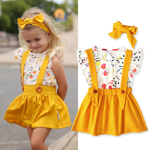 儿童欧美夏季款女童小飞袖上衣+黄色背带裙子+头带三件套童装 ins