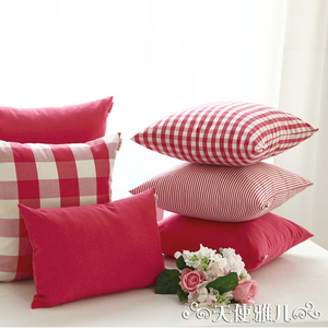 美式抱枕靠垫枕套芯可定制 汽车沙发腰部胭脂红大小格子条纹纯色