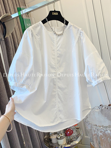 DHR 超好看绝美气质白色蕾丝短袖衬衫宽松上衣女娃娃衫韩版棉夏季