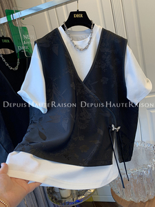 DHR 新中式蝴蝶结盘扣提花马甲背心短袖T恤两件套装女装宽松上衣