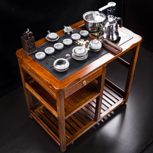 汇享花梨木茶车乌金石实木可移动带轮茶台水柜茶盘茶桌刺猬紫檀