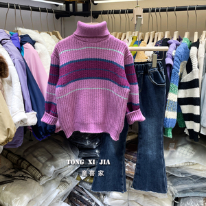 女童高领毛衣2023冬季新款韩版童装儿童加厚不加绒横条针织上衣