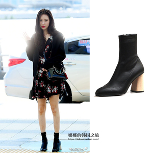 韩国正品代购宣美同款RACHEL COX羊皮女鞋拼色靴子高跟鞋踝靴