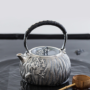 细工坊银壶纯银9999烧水壶日本纯手工一张打纯银茶壶 树皮纹