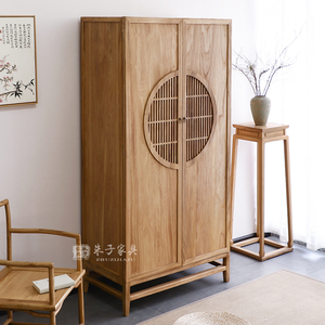 新中式小户型家用一米卧室衣橱实木整装侘寂风民宿榆木明月衣柜