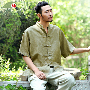 楠中式男装中国风衬衫男唐装男亚麻短袖衬衫大码半袖苎麻中年对襟
