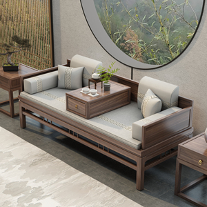 老榆木改良罗汉床茶桌椅组合卧榻塌推拉新中式实木沙发椅客厅套装
