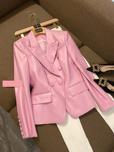 欧洲站欧货小众设计短外套小个子粉色皮衣外套女西装甜酷气质名媛