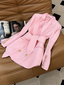 2024休闲粉色中长款设计感小个子西服带腰带夏款西装外套女A6744